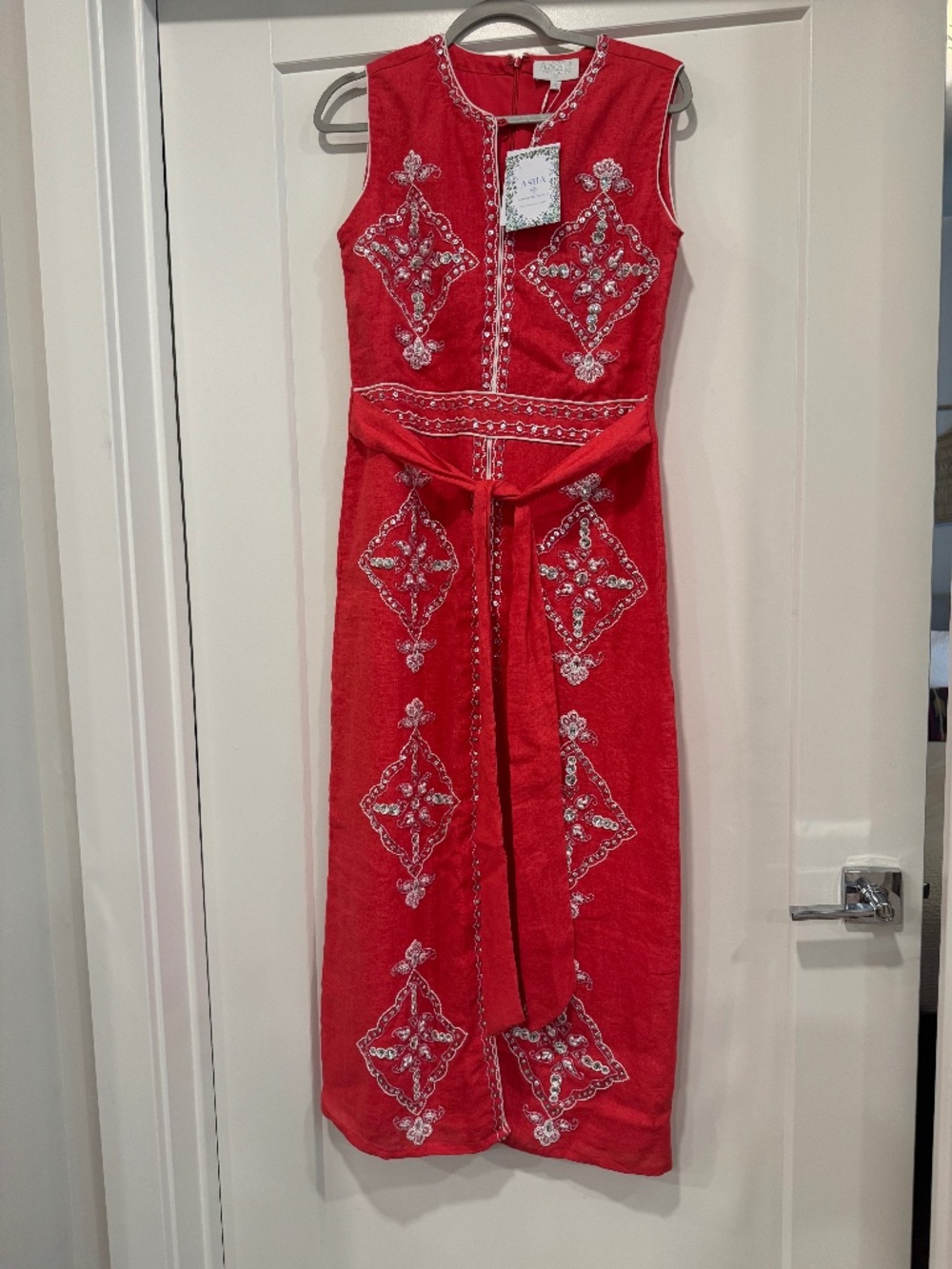 ASHA Beaded linen midi dress